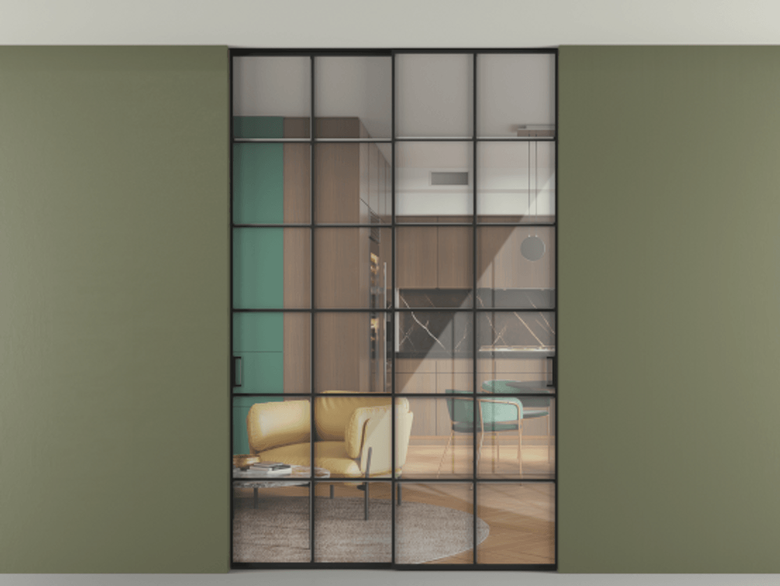 Перегородка Формато внутри проёма скрытое крепление в потолок 2 створки АЛПР 040.05 Алюминий Черный Рефлективное прозрачное стекло "Стопсол", калёное Цена 2372933 ₸ | Volhovec