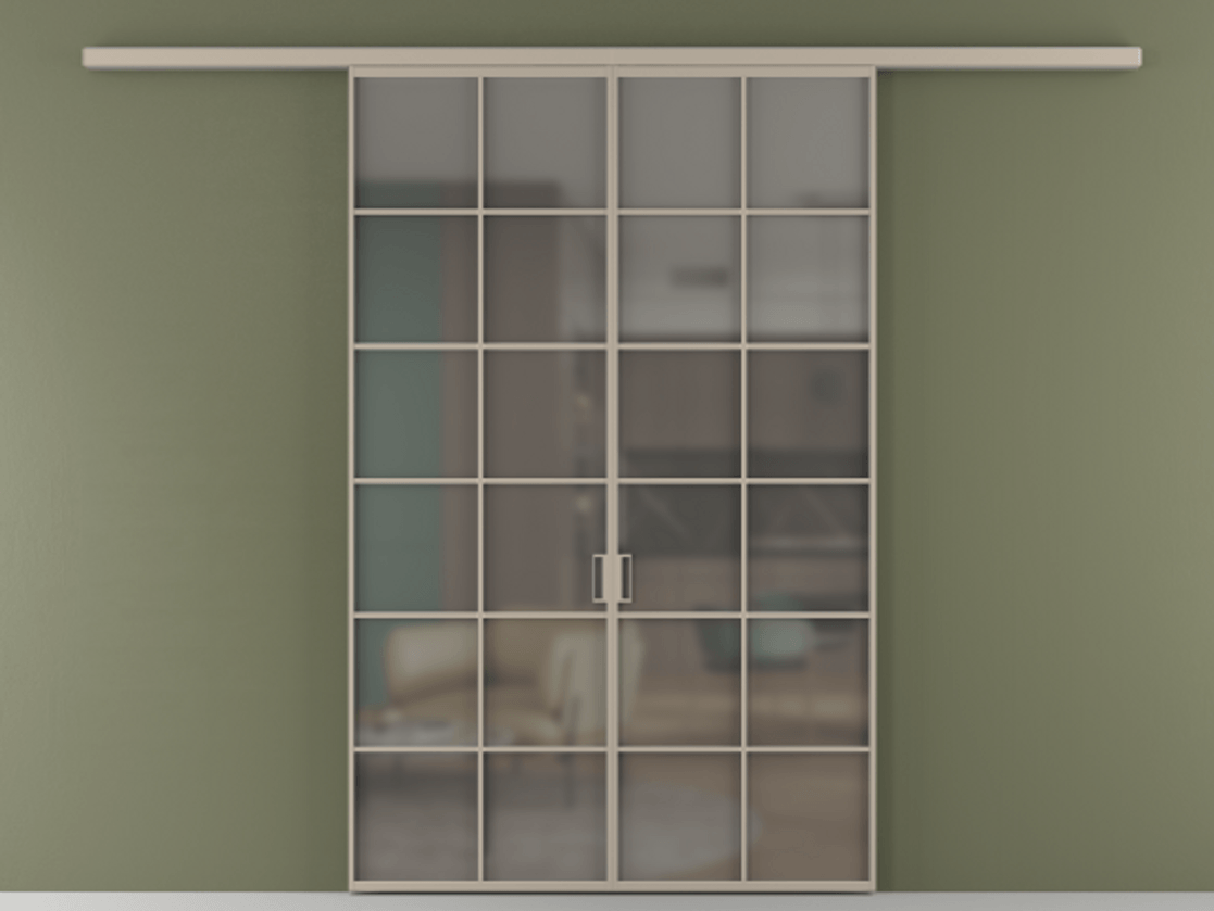 Перегородка Формато вдоль стены 2 створки АЛПР 040.05 Алюминий бисквитный Сатинированное серое стекло, триплекс Цена 1566054 ₸ | Volhovec