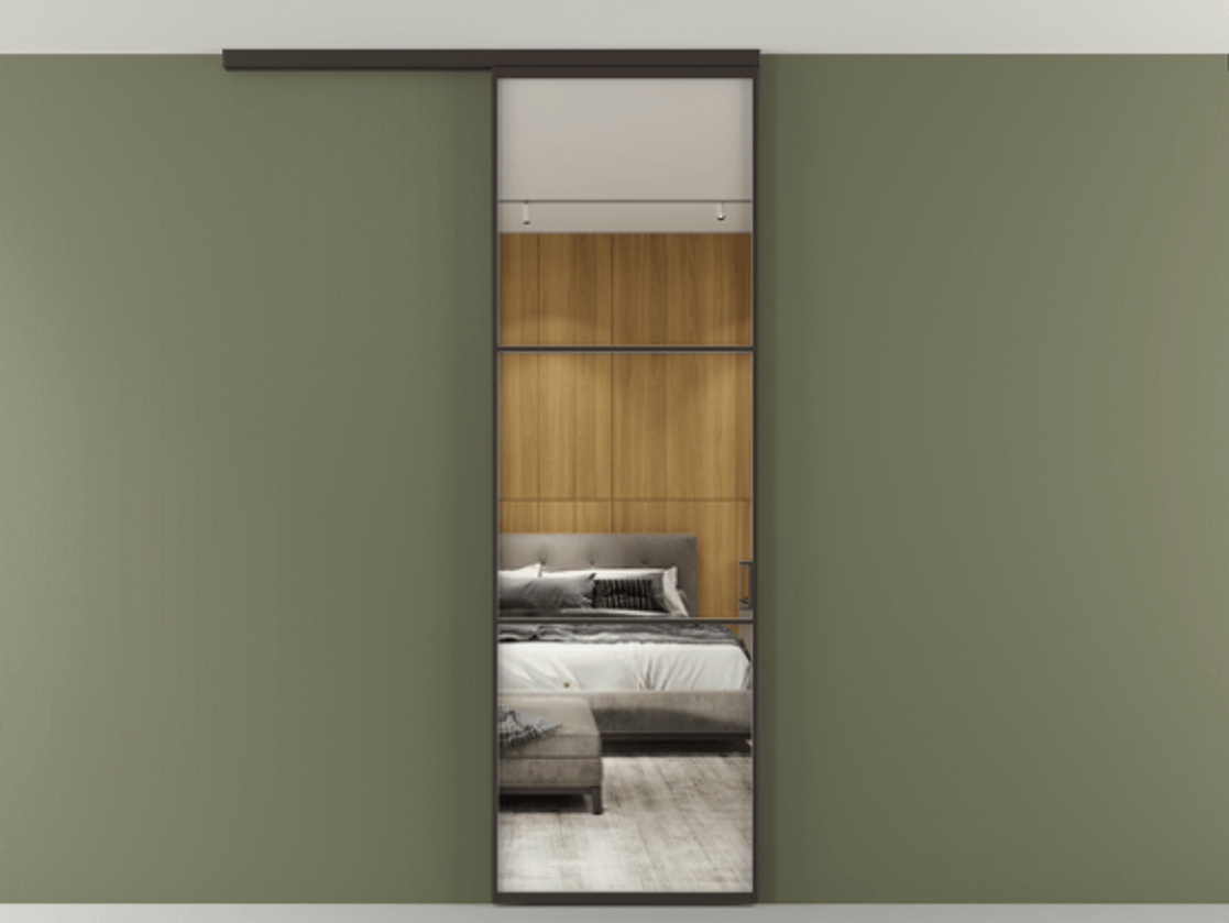 Перегородка Формато вдоль стены на потолок 1 створка АЛПР 040.03 Алюминий антрацит Двустороннее зеркало, триплекс , триплекс 6 мм Цена 763469 ₸ | Volhovec