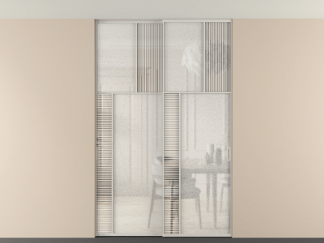 Перегородка Mosaic внутри проёма скрытое крепление в потолок 2 створки АЛПР 041.22 Алюминий тёплый серый Рифлёное стекло "Дюна", триплекс, 6 мм + Фактурное стекло "Лёд", триплекс. Цена 2574785 ₸ . Фабрика дверей Волховец 8 (800) 551 43 19 Перегородка Mosaic внутри проёма скрытое крепление в потолок 2 створки АЛПР 041.22 Алюминий тёплый серый Рифлёное стекло "Дюна", триплекс, 6 мм + Фактурное стекло "Лёд", триплекс Цена 2574785 ₸ | Volhovec