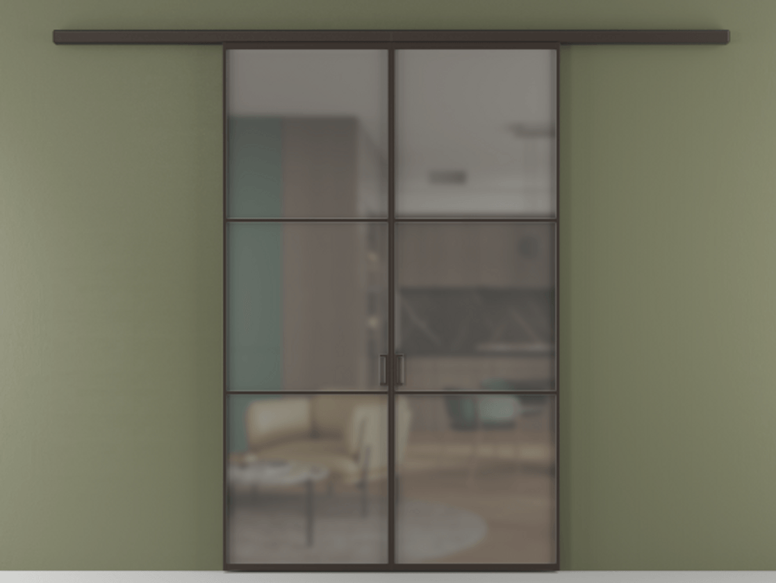 Перегородка Формато вдоль стены 2 створки АЛПР 040.03 Алюминий антрацит Сатинированное серое стекло, триплекс Цена 1477602 ₸ | Volhovec