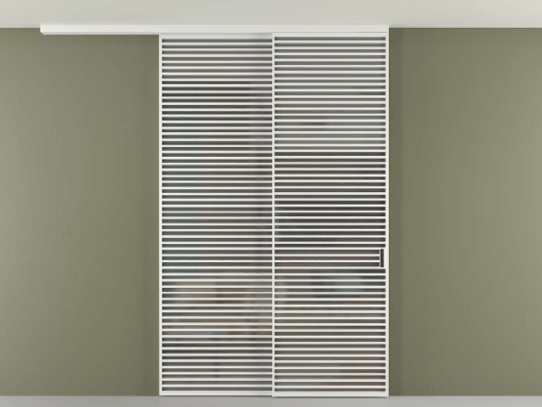 Перегородка Формато вдоль стены на потолок 2 створки с синхронным механизмом АЛПР 040.07 Алюминий белоснежный Сатинированное серое стекло, триплекс Цена 3405447 ₸ | Volhovec