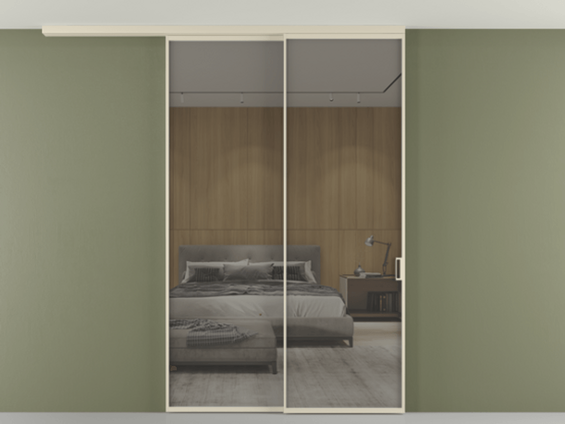 Перегородка Формато вдоль стены на потолок 2 створки с синхронным механизмом АЛПР 040.01 Алюминий бежево-серый Рефлективное серое стекло "Стопсол", калёное Цена 2126416 ₸ | Volhovec