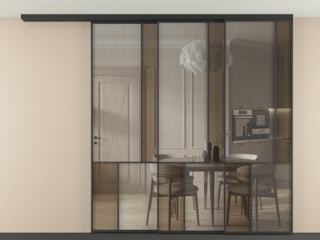 Перегородка Mosaic вдоль стены телескопик синхро 3 АЛПР 041.21 Алюминий Черный Mesh silver + Бронза прозрачное триплекс Цена 2905840 ₸ | Volhovec