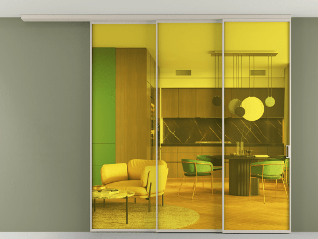 Перегородка Formato вдоль стены на потолок 3 створки с синхронным механизмом АЛПР 040.01 Алюминий светло-бежевый Прозрачное жёлтое стекло, триплекс Цена 2384400 ₸ | Volhovec