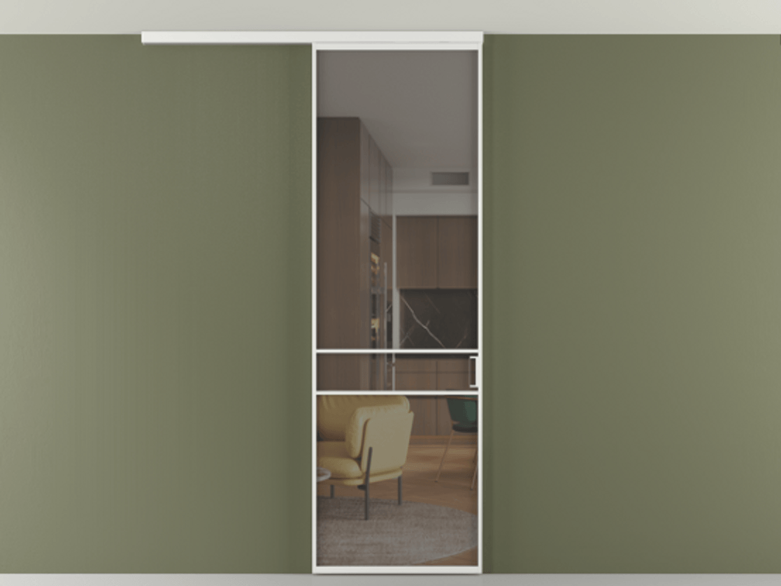 Перегородка Formato вдоль стены на потолок 1 створка АЛПР 040.02 Алюминий белоснежный Прозрачное серое стекло, триплекс Цена 732246 ₸ | Volhovec