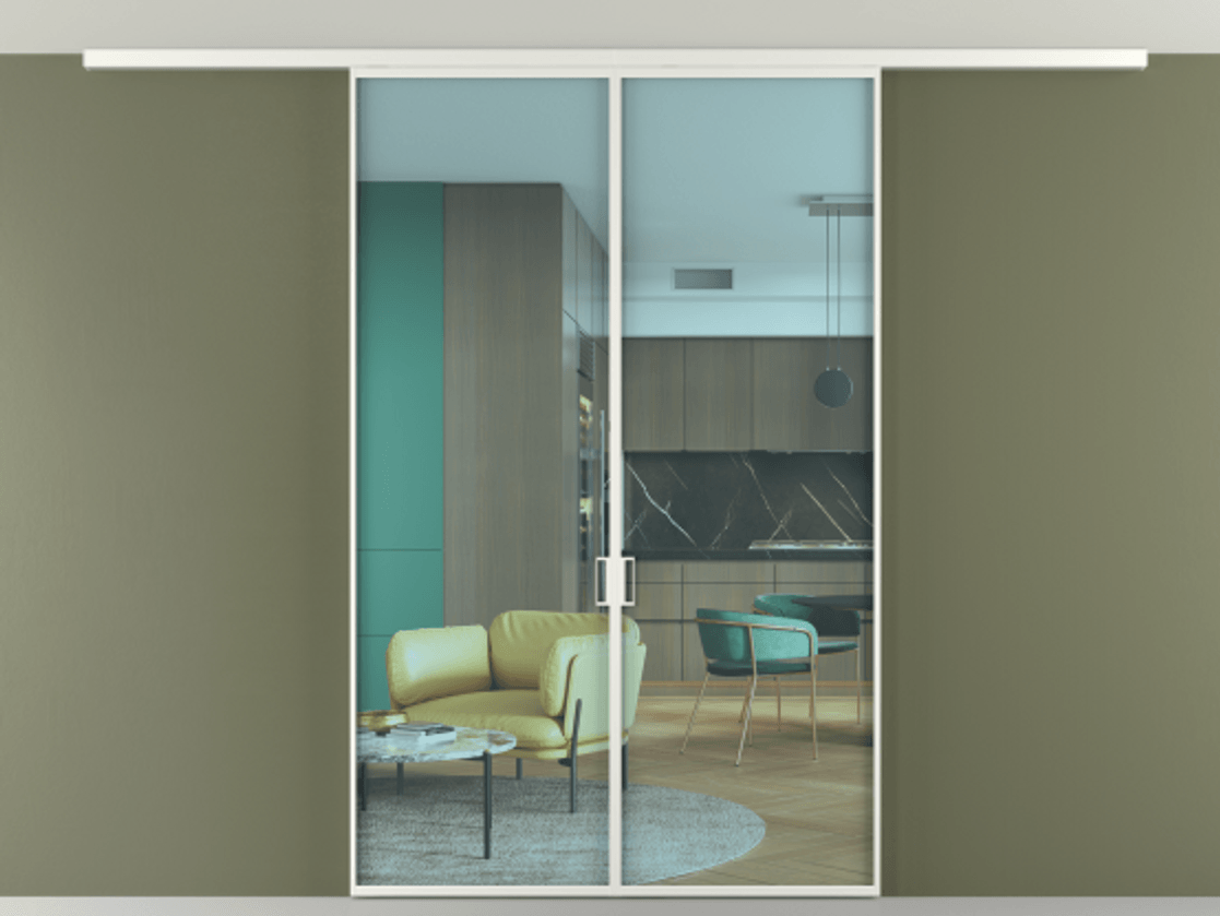 Перегородка Formato вдоль стены на потолок 2 створки АЛПР 040.01 Алюминий светло-серый Прозрачное голубое стекло, триплекс Цена 1156700 ₸ | Volhovec