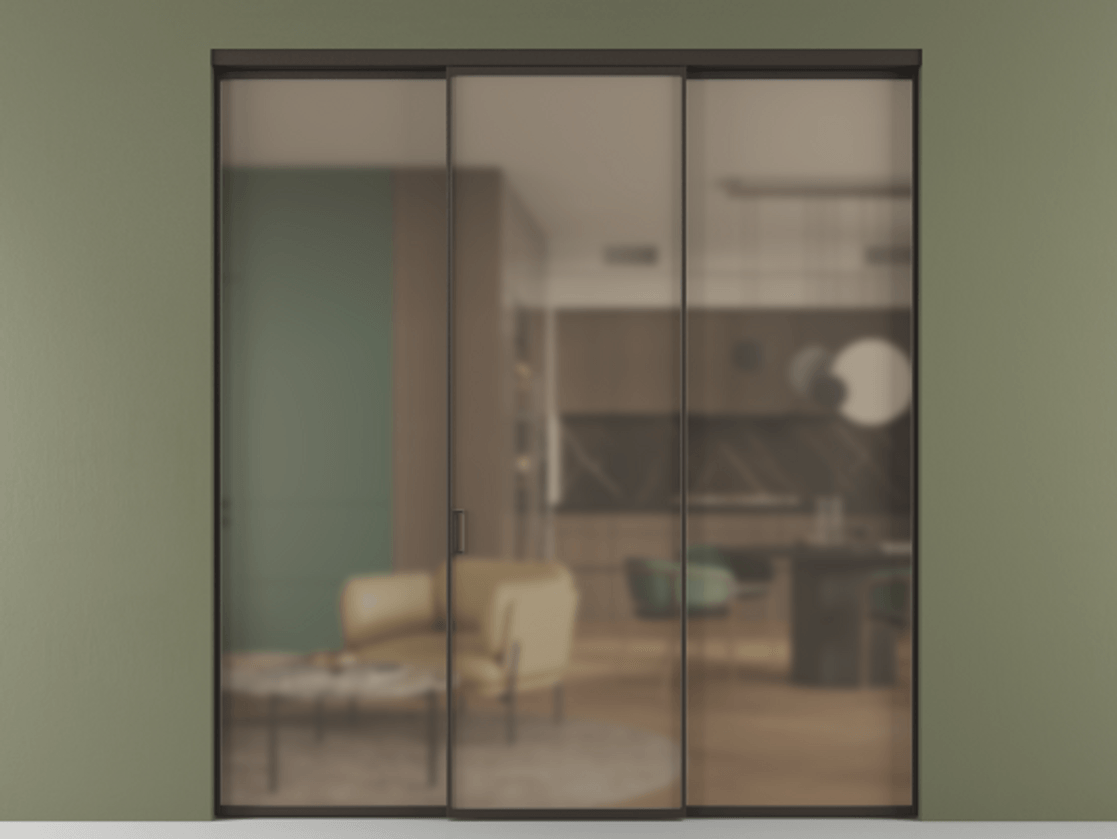 Перегородка Formato внутри проёма 3 створки АЛПР 040.01 Алюминий антрацит Сатинированное бронзовое стекло, триплекс Цена 1470020 ₸ | Volhovec