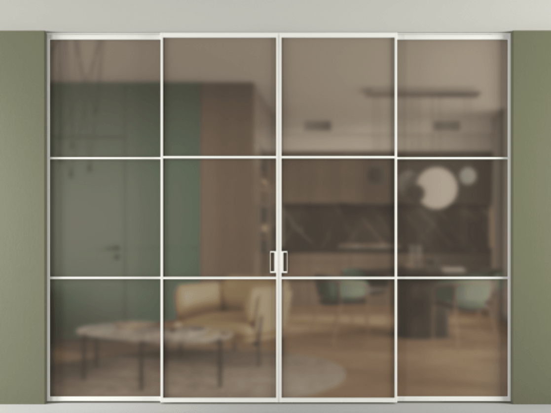 Перегородка Формато внутри проёма скрытое крепление в потолок 4 створки АЛПР 040.03 Алюминий светло-серый Сатинированное бронзовое стекло, триплекс. Цена 3330407 ₸ 1. Полотно 4 шт. (800/2100 мм)
2. Комплект установки раздвижной системы
3. Базовый комплект фурнитуры
4.Ручка Рондо. Фабрика дверей Волховец 8 (800) 551 43 19 Перегородка Формато внутри проёма скрытое крепление в потолок 4 створки АЛПР 040.03 Алюминий светло-серый Сатинированное бронзовое стекло, триплекс Цена 3330407 ₸ | Volhovec