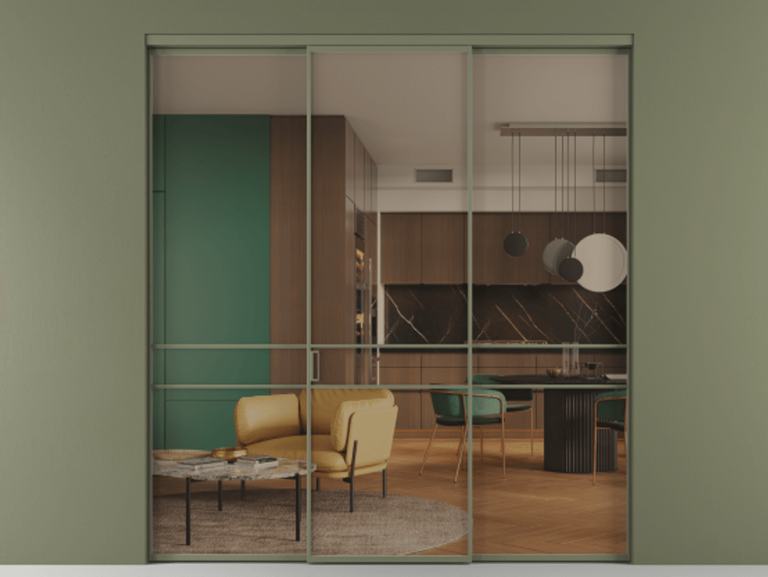 Перегородка Formato внутри проёма 3 створки АЛПР 040.02 Алюминий оливковый тёмный Прозрачное бронзовое стекло, триплекс Цена 1550890 ₸ | Volhovec