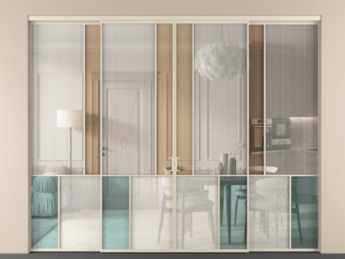 Перегородка Mosaic внутри проёма 4 створки АЛПР 041.20 Алюминий бежево-серый Комбинация стекол Группы 1 и Группы 3 Цена 3025900 ₸ | Volhovec