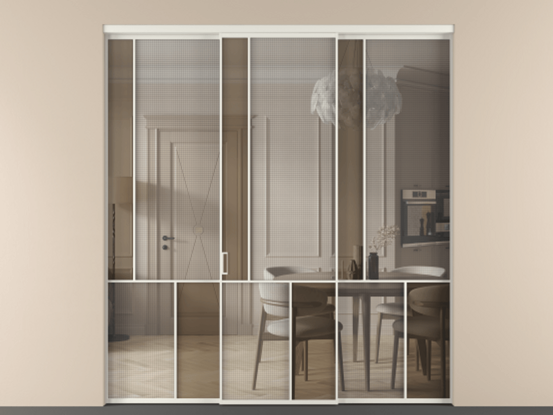 Перегородка Mosaic внутри проёма трёхстворчатая АЛПР 041.20 Алюминий Белый Mesh silver + Бронза прозрачное триплекс Цена 2063820 ₸ | Volhovec