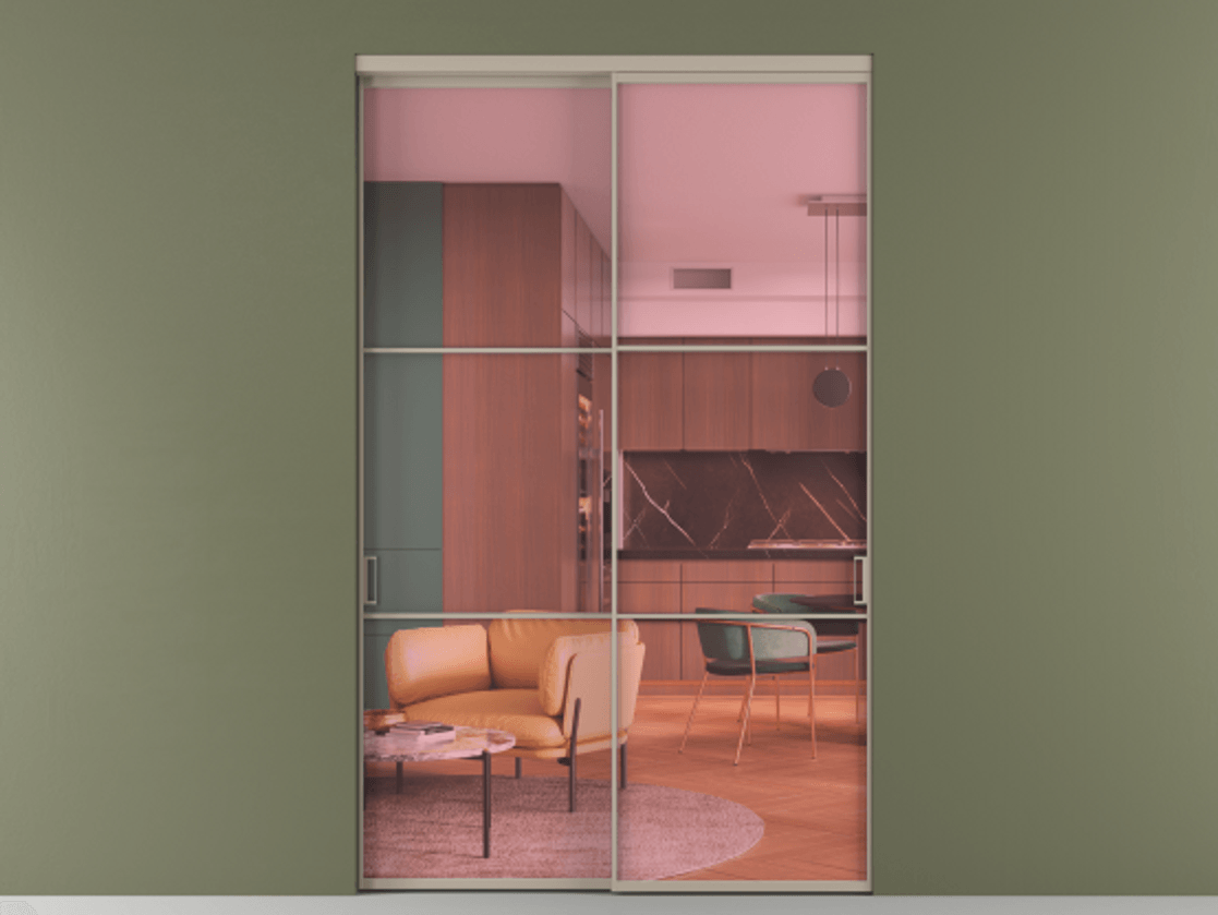 Перегородка Formato внутри проёма 2 створки АЛПР 040.03 Алюминий бисквитный Прозрачное розовое стекло, триплекс Цена 2884800 ₸  | Volhovec