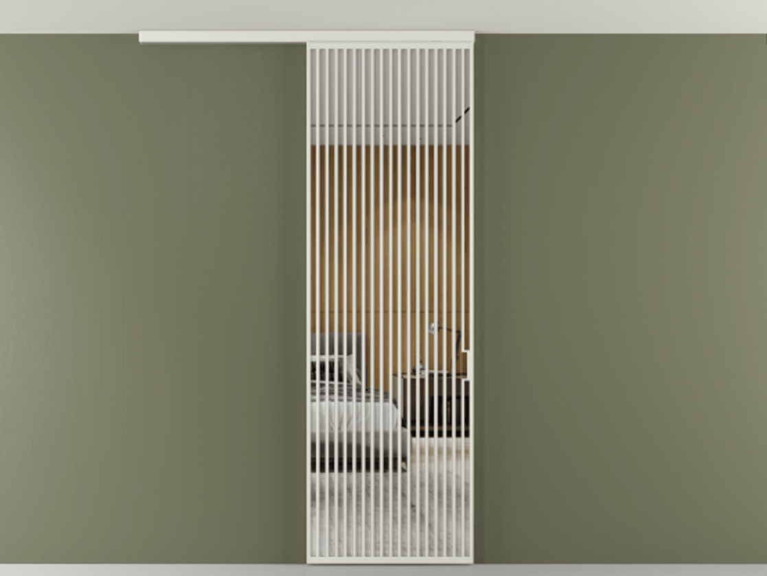 Перегородка Формато вдоль стены на потолок 1 створка АЛПР 040.06 Алюминий серый Двустороннее зеркало, триплекс , триплекс 6 мм Цена 1415444 ₸ | Volhovec