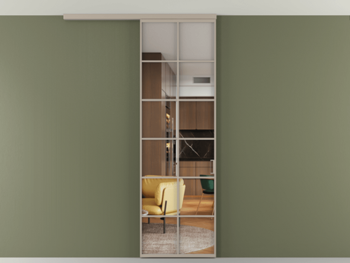 Перегородка Формато вдоль стены на потолок 1 створка АЛПР 040.05 Алюминий бисквитный Прозрачное стекло "Кристал Вижн", калёное Цена 1013720 ₸ | Volhovec