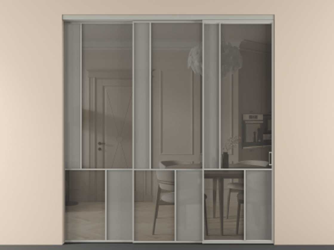 Перегородка Mosaic внутри проёма 3 створки с синхронным механизмом АЛПР 041.20  Алюминий нейтральный серый Сатинированное серое стекло, триплекс, 6 мм + Прозрачное серое стекло, триплекс Цена 3306668 ₸ | Volhovec