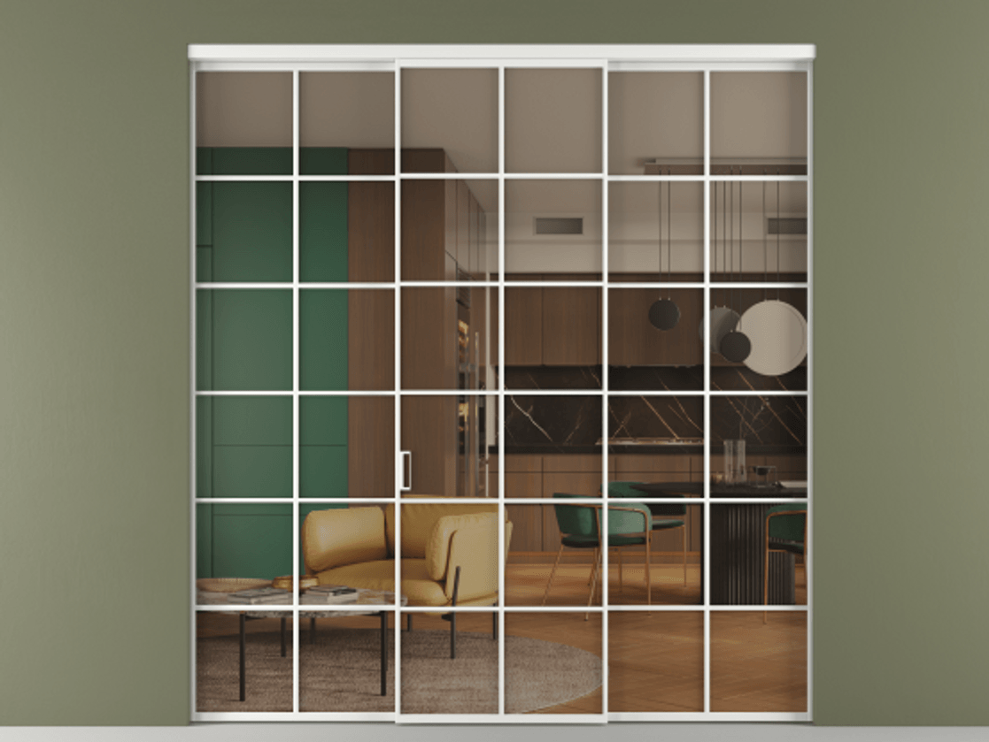 Перегородка Формато внутри проёма 3 створки АЛПР 040.05 Алюминий белоснежный Прозрачное бронзовое стекло, триплекс Цена 1926477 ₸ | Volhovec