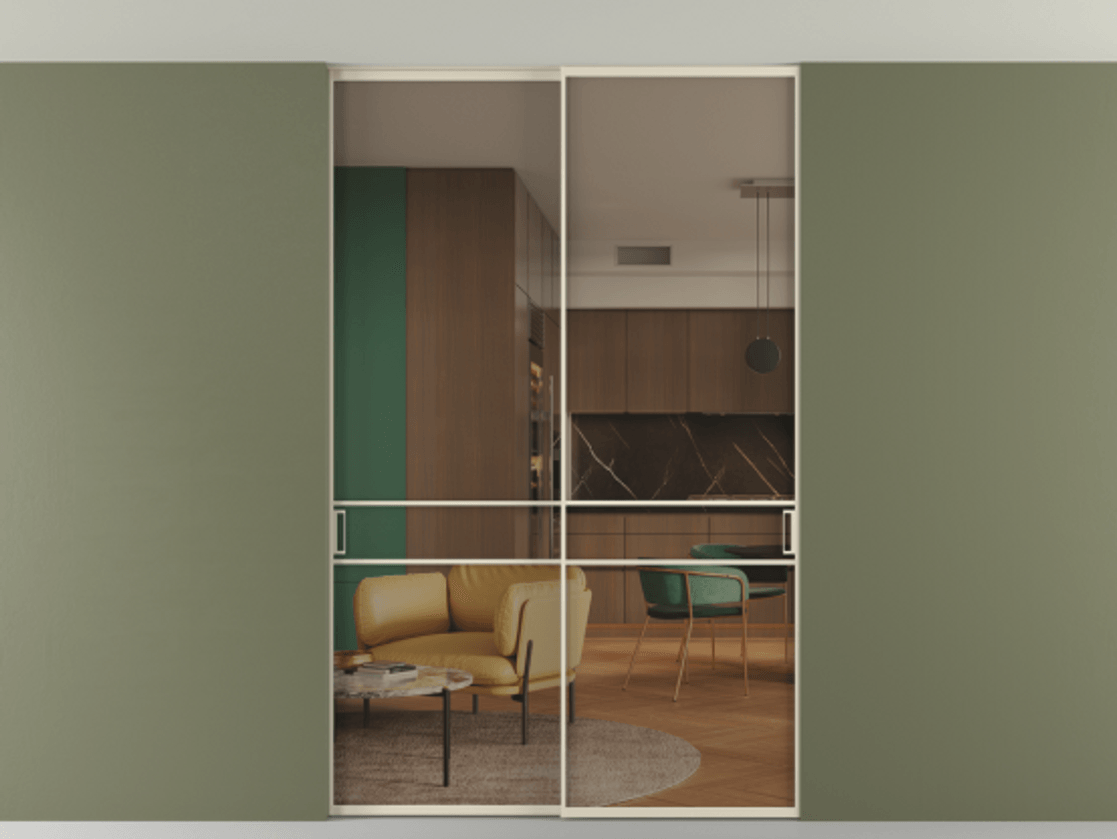 Перегородка Формато внутри проёма скрытое крепление в потолок 2 створки АЛПР 040.02 Алюминий бежево-серый Прозрачное бронзовое стекло, триплекс Цена 1876505 ₸ | Volhovec