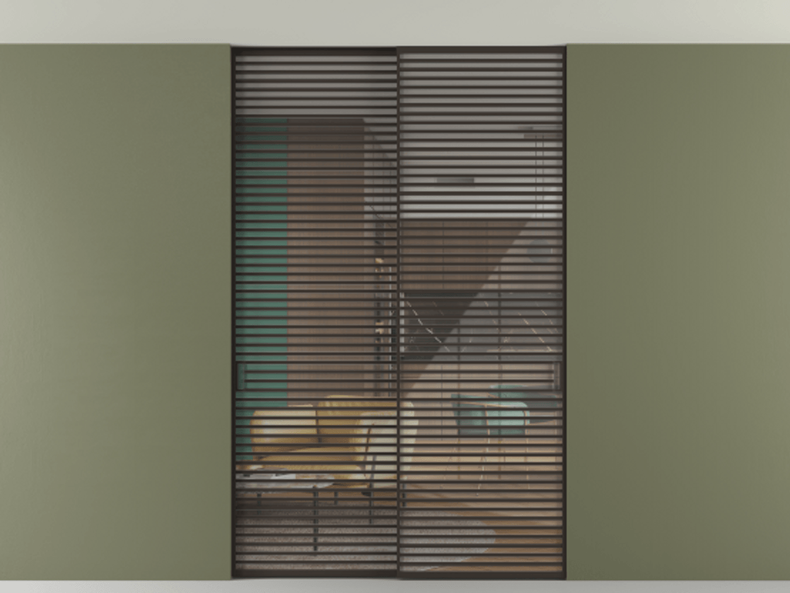 Перегородка Формато внутри проёма скрытое крепление в потолок 2 створки АЛПР 040.07 Алюминий антрацит Рефлективное прозрачное стекло "Стопсол", калёное Цена 3939667 ₸ | Volhovec