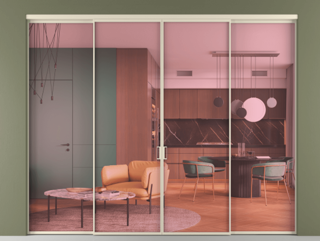 Перегородка Formato внутри проёма 4 створки АЛПР 040.01 Алюминий бежево-серый Прозрачное розовое стекло, триплекс Цена 2343700 ₸  | Volhovec