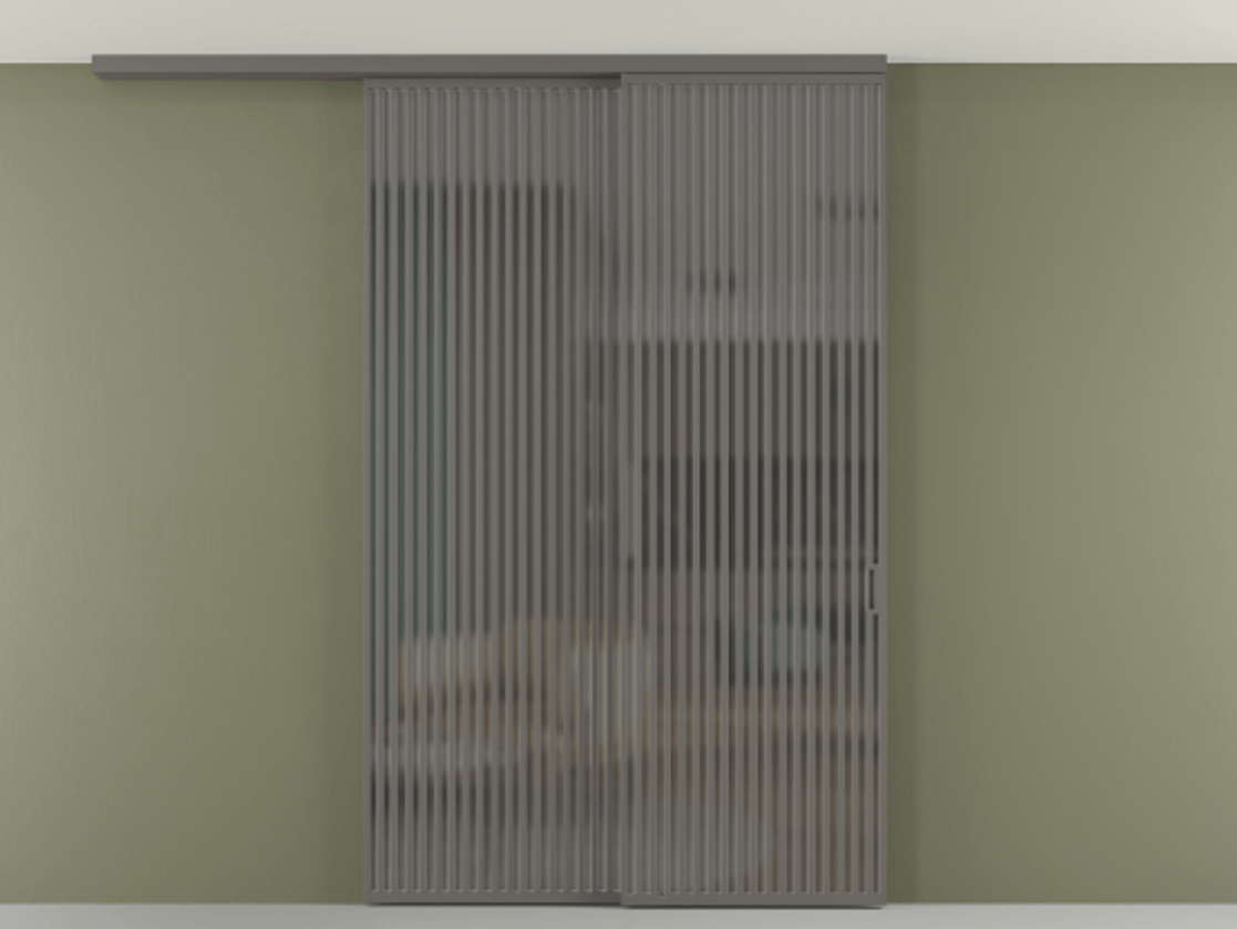 Перегородка Формато вдоль стены на потолок 2 створки с синхронным механизмом АЛПР 040.06 Алюминий классический серый Сатинированное серое стекло, триплекс Цена 3405447 ₸ | Volhovec