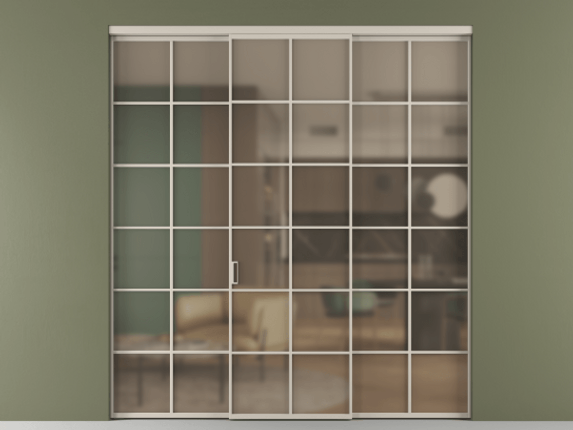 Перегородка Formato внутри проёма 3 створки АЛПР 040.05 Алюминий светло-бежевый Сатинированное бронзовое стекло, триплекс Цена 1667700 ₸ | Volhovec