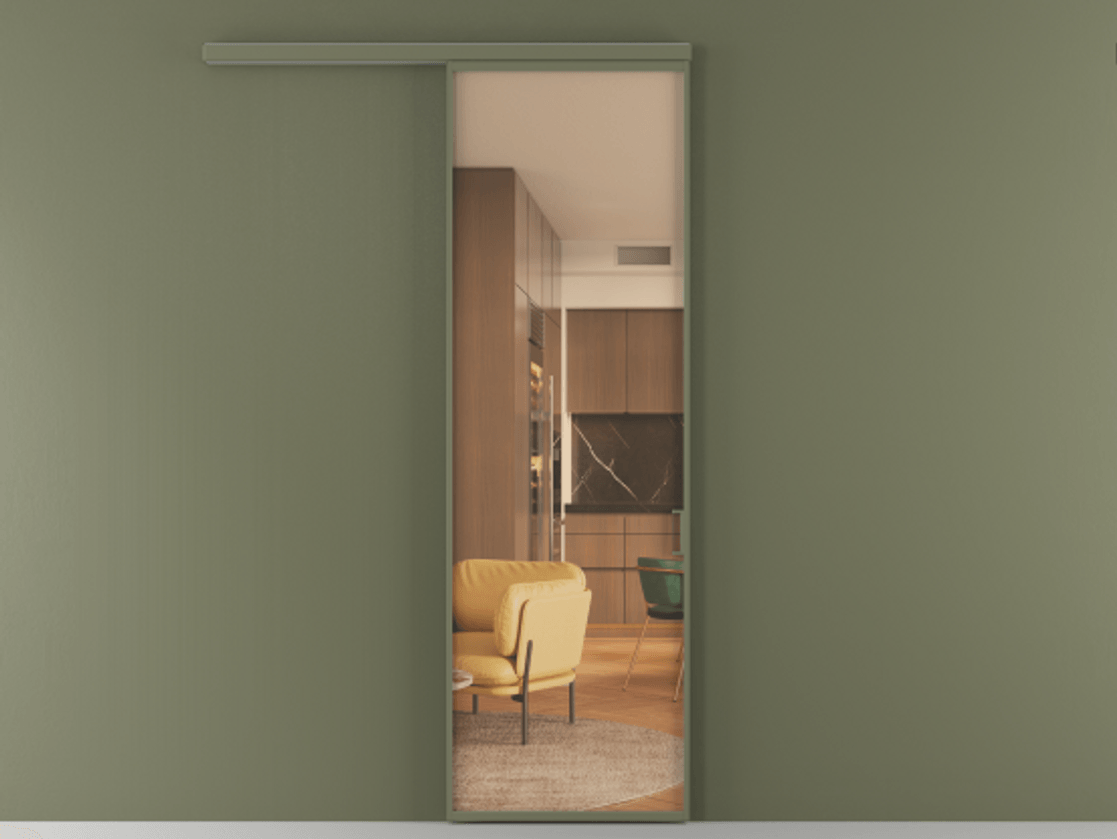 Перегородка Формато вдоль стены 1 створка АЛПР 040.01 Алюминий оливковый тёмный Прозрачное оранжевое стекло, триплекс Цена 769306 ₸  | Volhovec