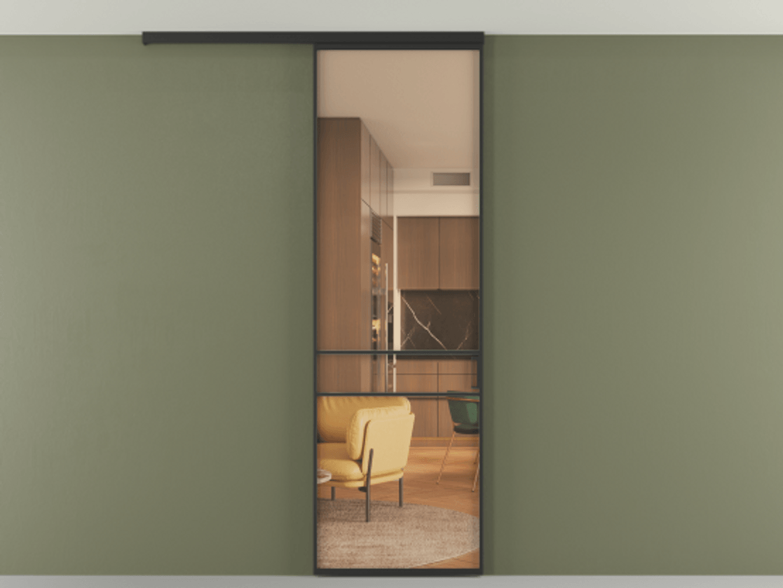 Перегородка Formato вдоль стены на потолок 1 створка АЛПР 040.02 Алюминий Черный Прозрачное оранжевое стекло, триплекс Цена 606000 ₸ | Volhovec