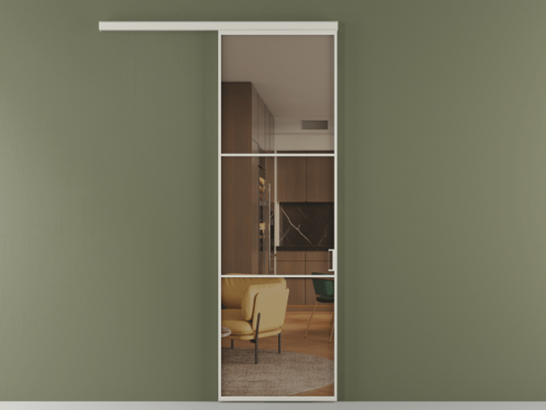 Перегородка Формато вдоль стены 1 створка АЛПР 040.03 Алюминий тёплый серый Прозрачное бронзовое стекло, триплекс Цена 679115 ₸  | Volhovec