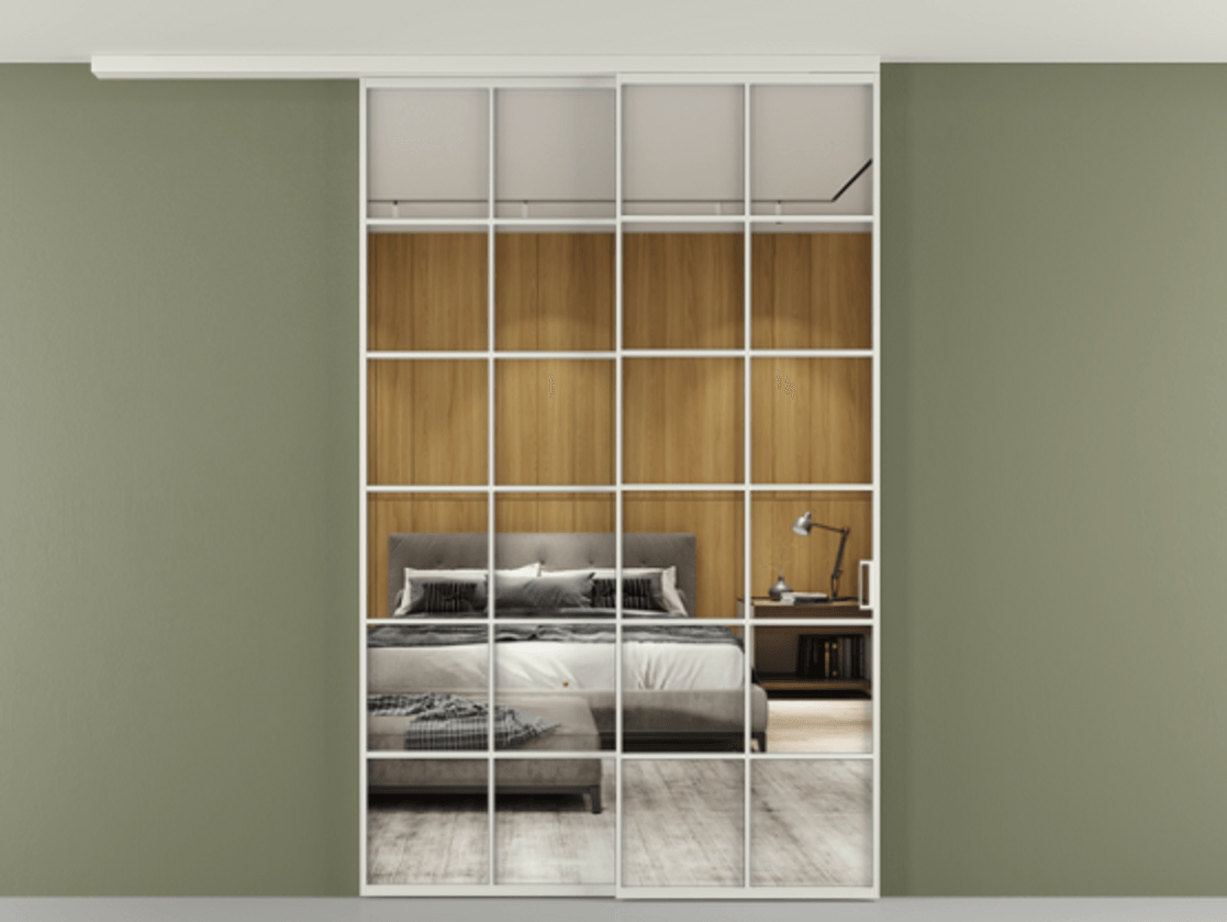 Перегородка Формато вдоль стены на потолок 2 створки с синхронным механизмом АЛПР 040.05 Алюминий серый Двустороннее зеркало, триплекс , триплекс 6 мм Цена 2205282 ₸ | Volhovec