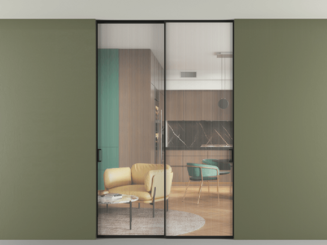 Перегородка Формато внутри проёма скрытое крепление в потолок 2 створки АЛПР 040.01 Алюминий Черный Рифлёное стекло "Мору", триплекс Цена 1857454 ₸ | Volhovec