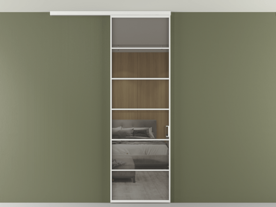 Перегородка Формато вдоль стены на потолок 1 створка АЛПР 040.04 Алюминий белоснежный Рефлективное серое стекло "Стопсол", калёное Цена 863745 ₸ | Volhovec