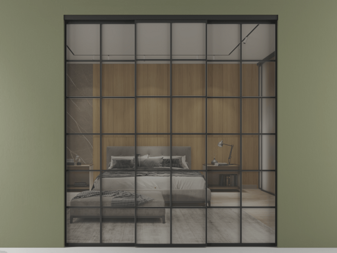 Перегородка Formato внутри проёма 3 створки АЛПР 040.05 Алюминий Черный Рефлективное серое стекло "Стопсол", калёное Цена 2478168 ₸ | Volhovec