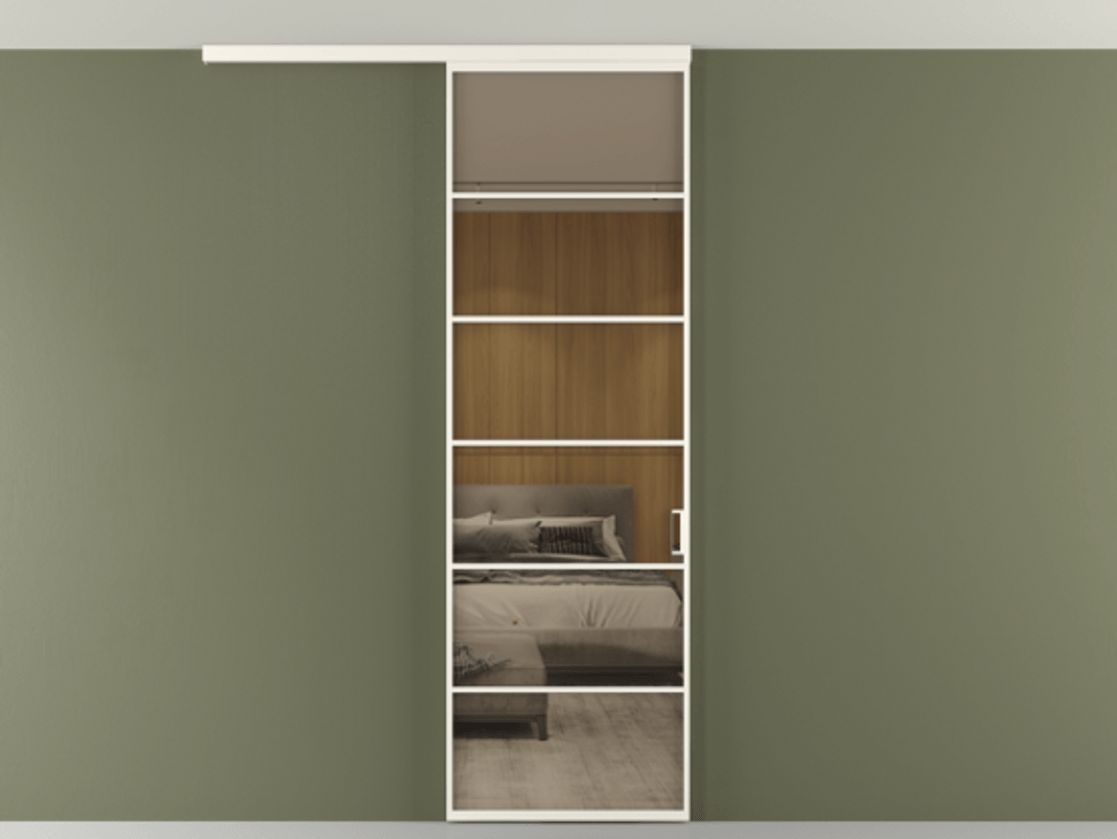 Перегородка Формато вдоль стены на потолок 1 створка АЛПР 040.04 Алюминий пудровый белый Рефлективное бронзовое стекло "Стопсол", калёное Цена 1013720 ₸ | Volhovec