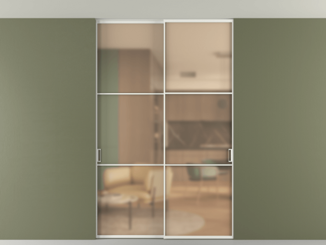 Перегородка Формато внутри проёма скрытое крепление в потолок 2 створки АЛПР 040.03 Алюминий светло-серый Сатинированное оранжевое стекло, триплекс Цена 1876505 ₸ | Volhovec