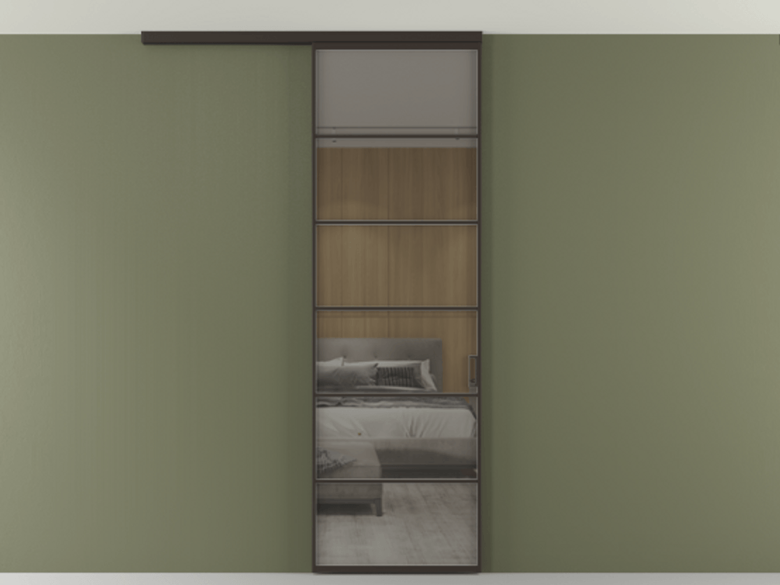 Перегородка Формато вдоль стены на потолок 1 створка АЛПР 040.04 Алюминий антрацит Рефлективное серое стекло "Стопсол", калёное Цена 863745 ₸ | Volhovec