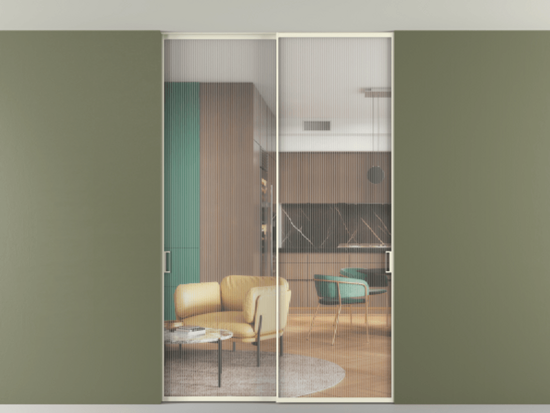 Перегородка Формато внутри проёма скрытое крепление в потолок 2 створки АЛПР 040.01 Алюминий молочно-белый Рифлёное стекло "Мору", триплекс Цена 1899866 ₸ | Volhovec