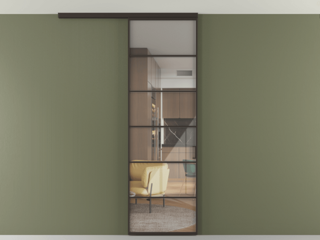 Перегородка Формато вдоль стены на потолок 1 створка АЛПР 040.04 Алюминий антрацит Рефлективное прозрачное стекло "Стопсол", калёное Цена 1013720 ₸ | Volhovec