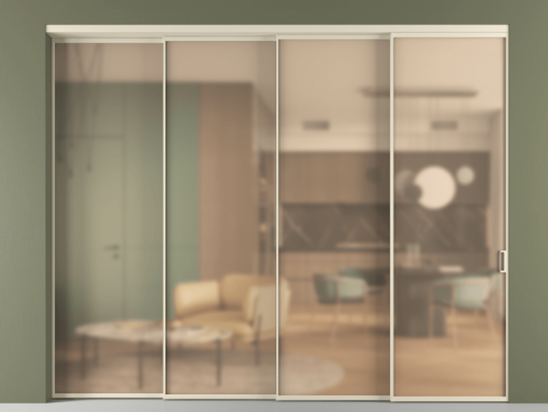 Перегородка Formato внутри проёма 4 створки с синхронным механизмом АЛПР 040.01 Алюминий бежево-серый Сатинированное оранжевое стекло, триплекс Цена 3269700 ₸ | Volhovec