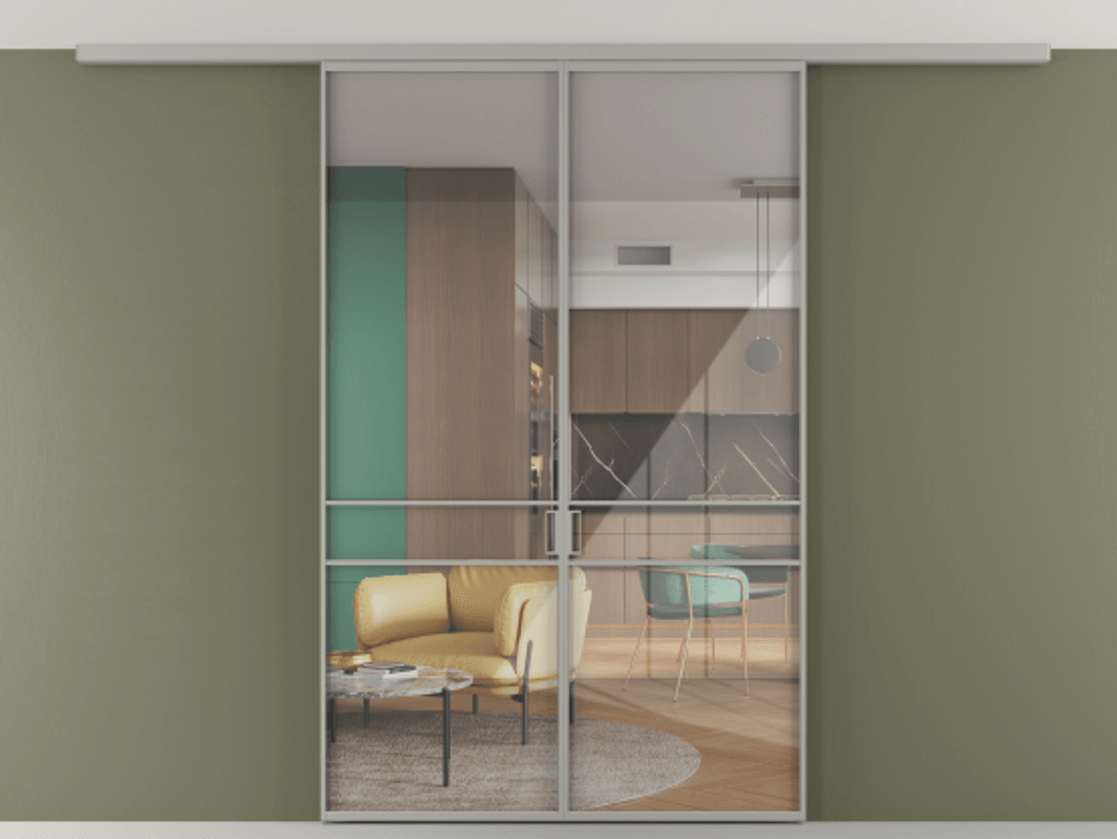 Перегородка Формато вдоль стены на потолок 2 створки АЛПР 040.02 Алюминий нейтральный серый Рефлективное прозрачное стекло "Стопсол", калёное Цена 1570031 ₸ | Volhovec