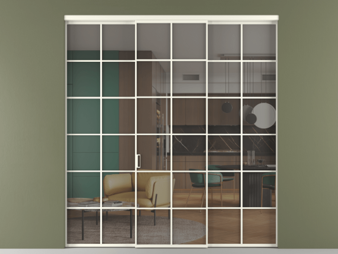 Перегородка Formato внутри проёма 3 створки АЛПР 040.05 Алюминий жемчужный Прозрачное серое стекло, триплекс Цена 1667700 ₸ | Volhovec