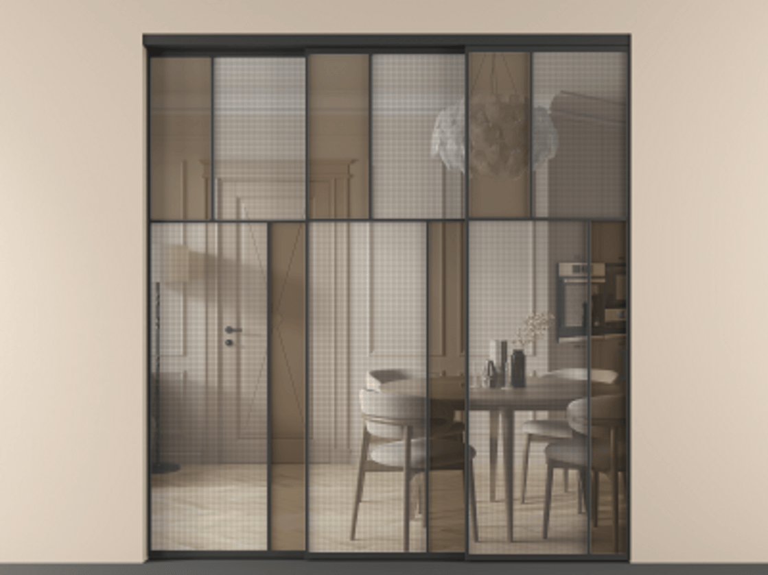 Перегородка Mosaic внутри проёма 3 створки с синхронным механизмом АЛПР 041.23 Алюминий Черный Декоративное стекло с сеткой "Mesh silver", триплекс, 6 мм + Прозрачное бронзовое стекло, триплекс Цена 2714840 ₸ | Volhovec