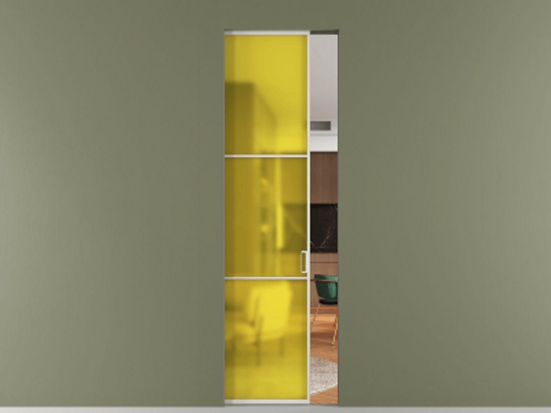 Перегородка Formato скрытый пенал 1 створка АЛПР 040.03 Алюминий Белый Сатинированное жёлтое стекло, триплекс Цена 951600 ₸ | Volhovec