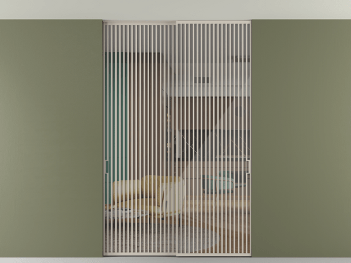 Перегородка Formato внутри проёма скрытое крепление в потолок 2 створки АЛПР 040.06 Алюминий светло-бежевый Рефлективное прозрачное стекло "Stopsol", калёное Цена 3939667 ₸ | Volhovec