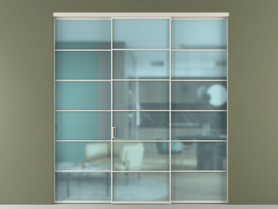 Перегородка Formato внутри проёма 3 створки АЛПР 040.04 Алюминий облачно-серый Сатинированное голубое стекло, триплекс Цена 1667700 ₸ | Volhovec