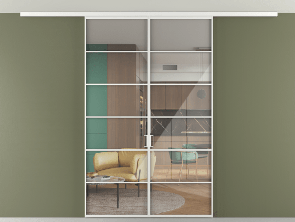 Перегородка Формато вдоль стены на потолок 2 створки АЛПР 040.04 Алюминий белоснежный Рефлективное прозрачное стекло "Стопсол", калёное Цена 1673814 ₸ | Volhovec