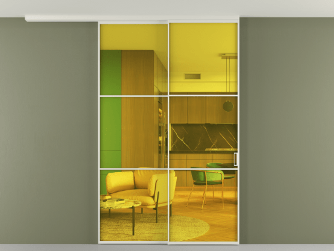 Перегородка Formato вдоль стены на потолок 2 створки с синхронным механизмом АЛПР 040.03 Алюминий Белый Прозрачное жёлтое стекло, триплекс Цена 1651400 ₸ | Volhovec