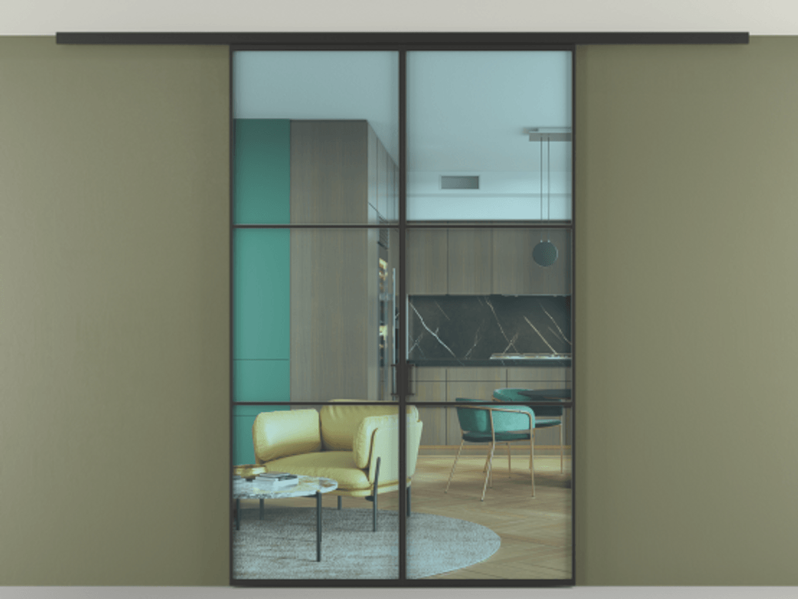 Перегородка Formato вдоль стены на потолок 2 створки АЛПР 040.03 Алюминий Черный Прозрачное голубое стекло, триплекс Цена 1169600 ₸ | Volhovec