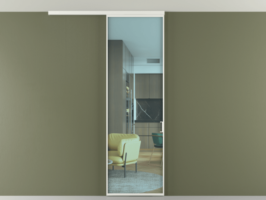 Перегородка Формато вдоль стены на потолок 1 створка АЛПР 040.01 Алюминий светло-серый Прозрачное голубое стекло, триплекс Цена 698563 ₸ | Volhovec