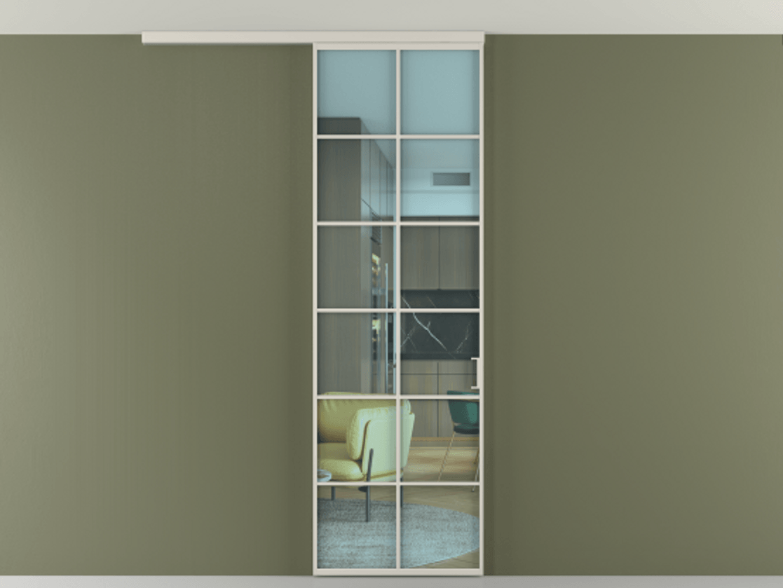 Перегородка Формато вдоль стены на потолок 1 створка АЛПР 040.05 Алюминий облачно-серый Прозрачное голубое стекло, триплекс Цена 780891 ₸ | Volhovec